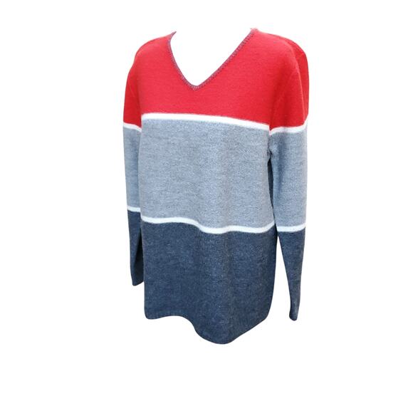 Vintage Pendleton Red Gray Wide Stripe Merino Wool Sweater Whipstitch V-neck M - Picture 6 of 13